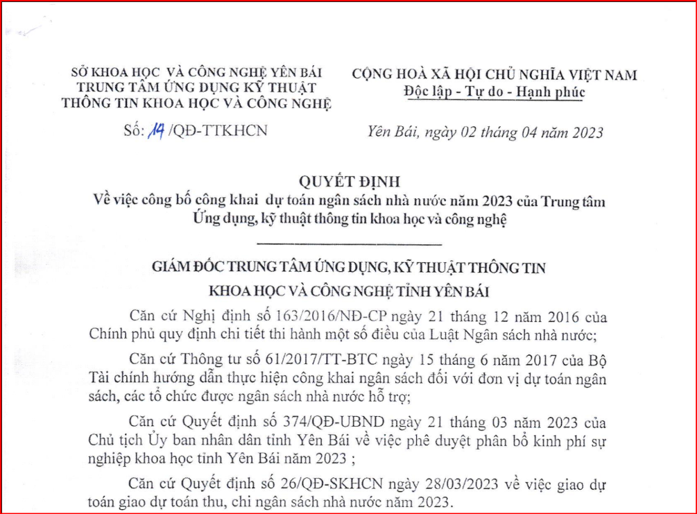 QĐ 14/QĐ-TTKHCN Về việc công bố công khai dự toán ngân sách nhà nước năm 2023 của Trung tâm Ứng dụng, kỹ thuật, thông tin khoa học và công nghệ